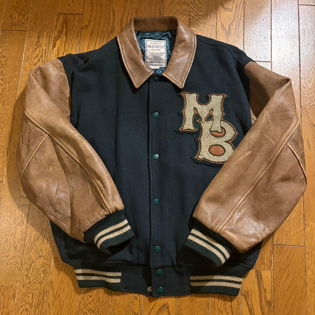 90s MACBETH ベースボールスタジャン レザー切替 ワッペン刺繍 L