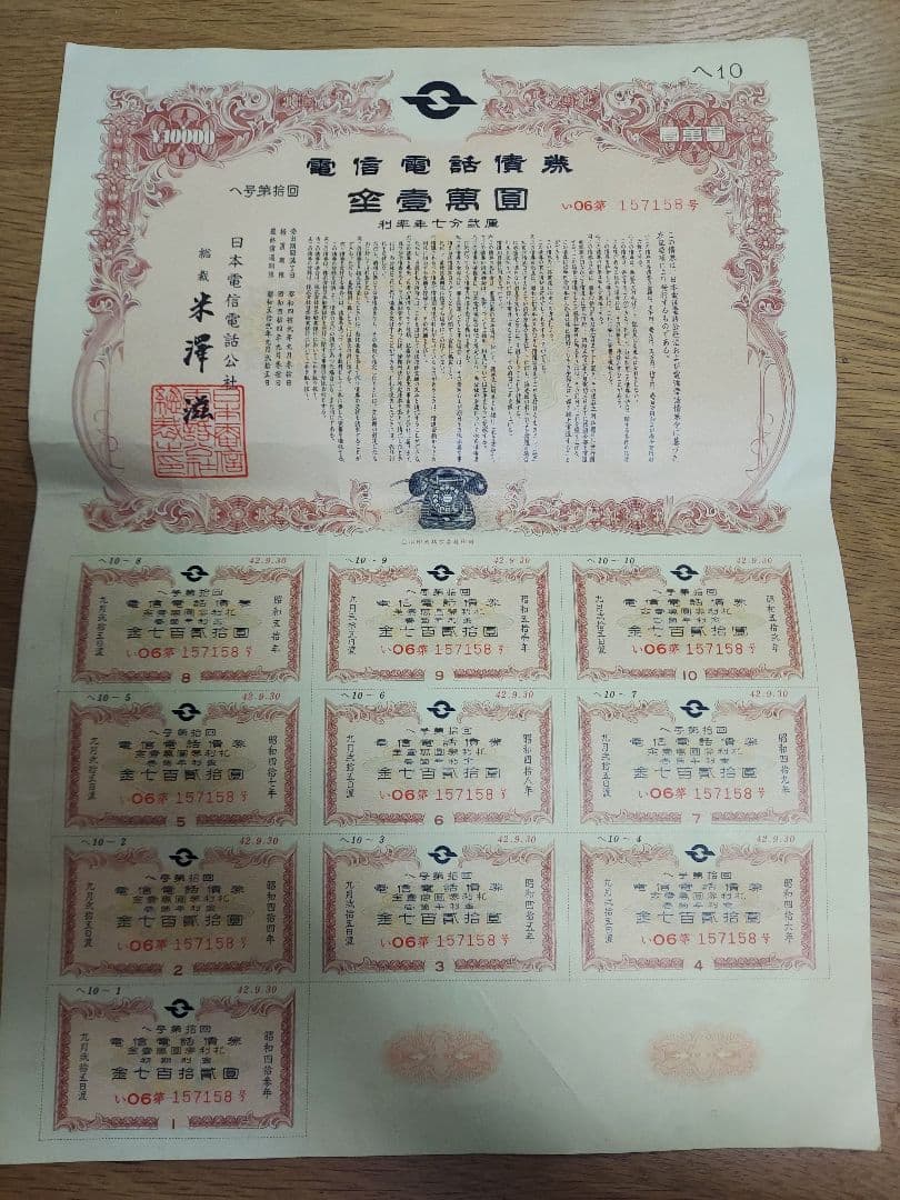 日本電信電話公社 電信電話債券 壱萬圓 10,000円 【昭和レトロ