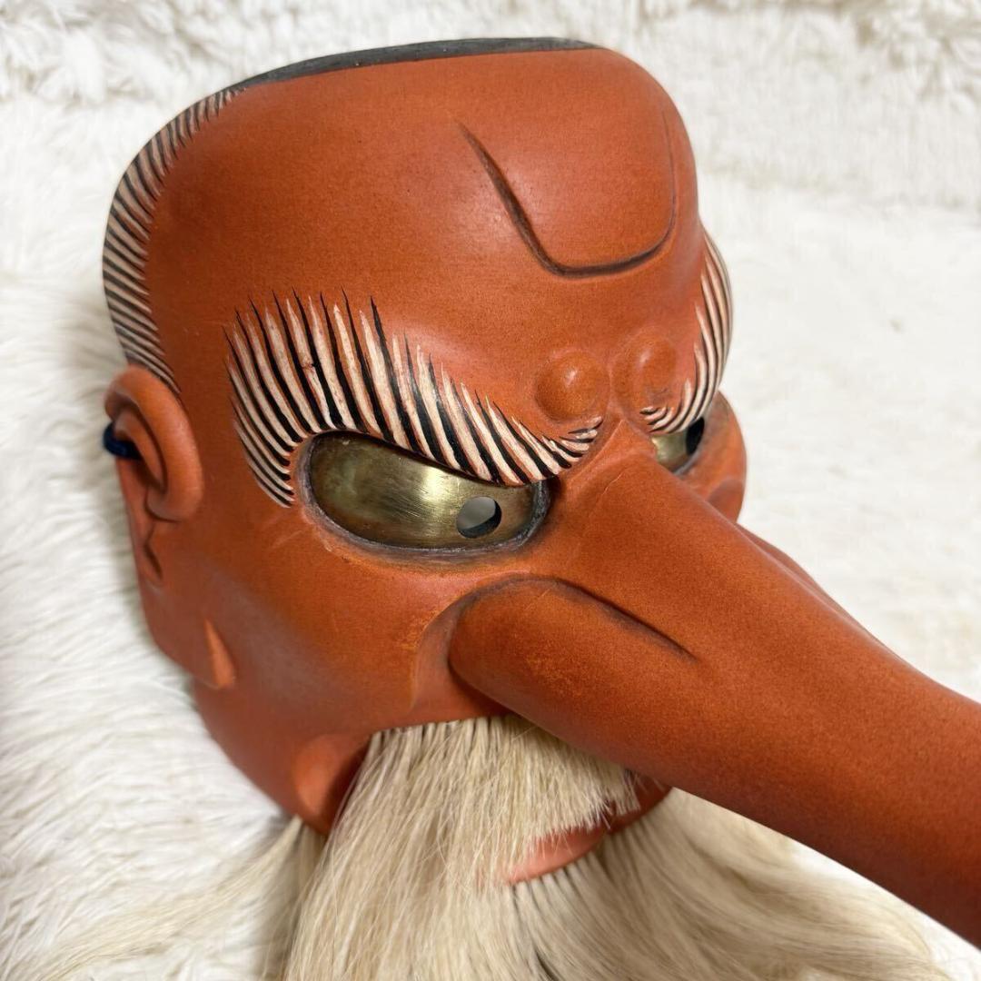 【希少・共箱付】能面士　森崎夢我作　木彫 天狗面　平成十年作　天然毛　能面