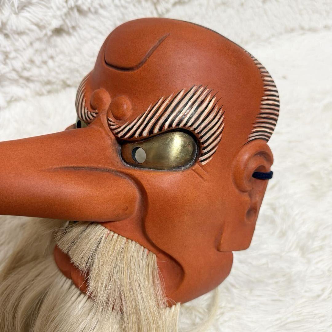 【希少・共箱付】能面士　森崎夢我作　木彫 天狗面　平成十年作　天然毛　能面