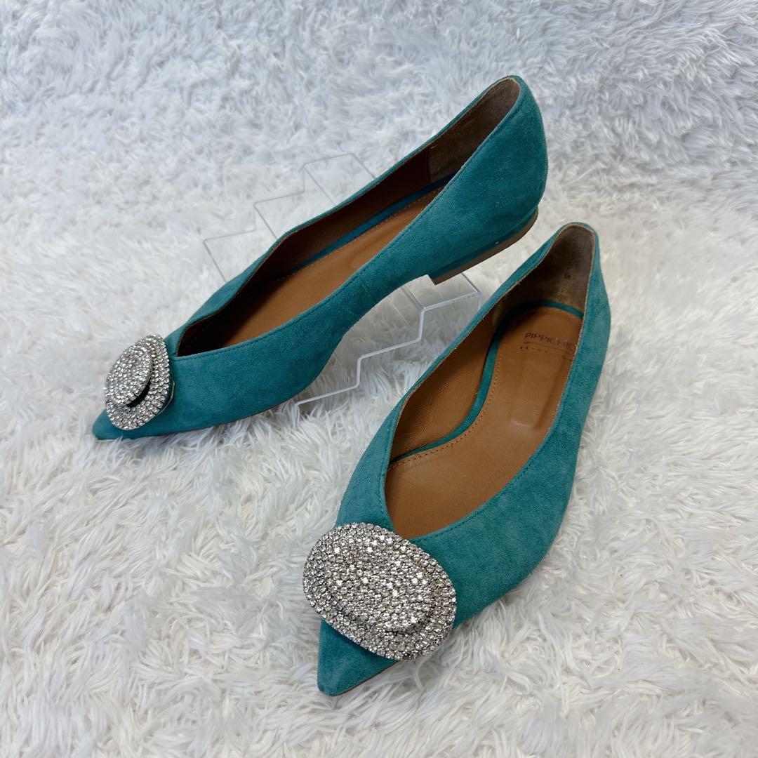 良品】pippichic グリーン ビジュー付きフラットシューズ 37 - メルカリ