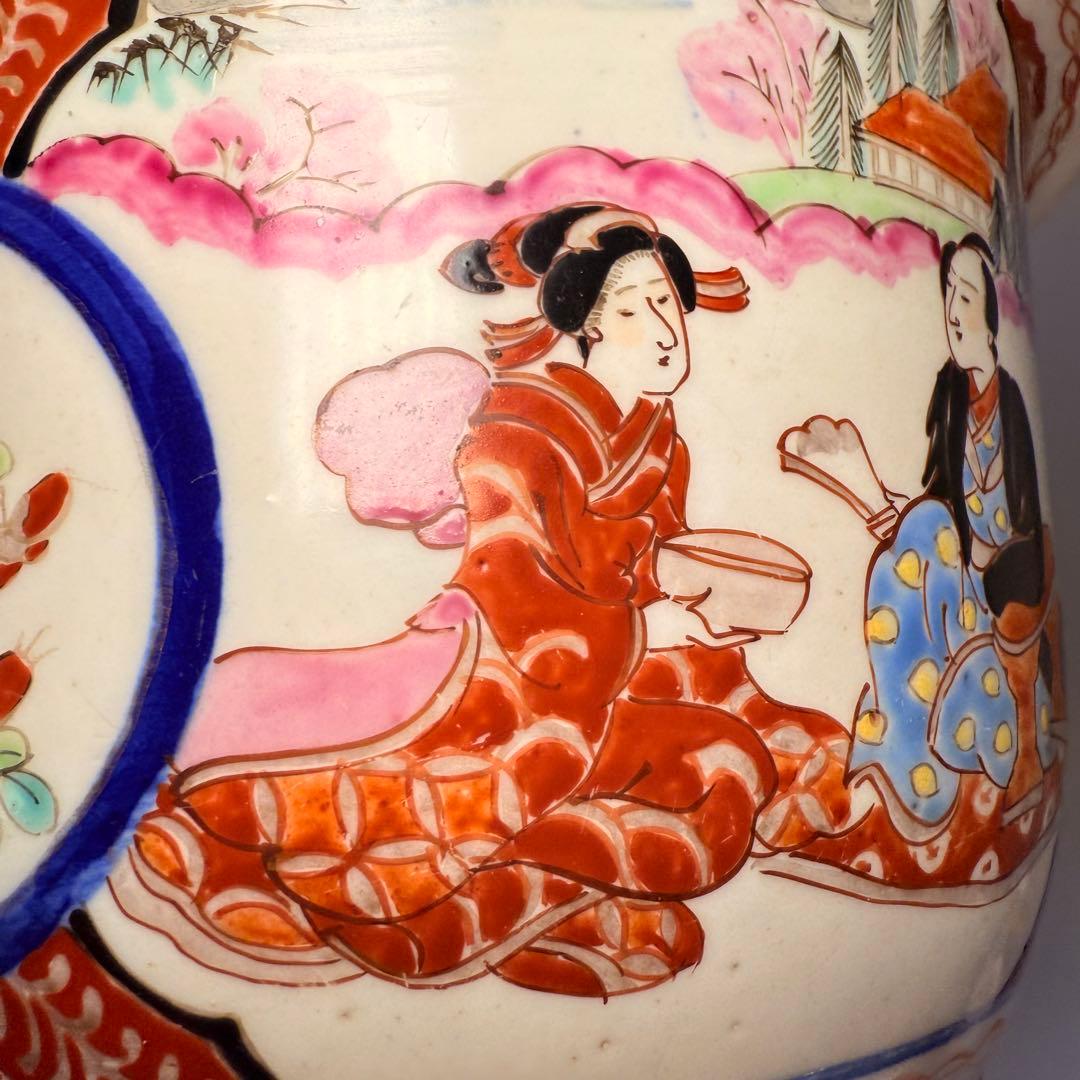 明治～大正期 輸出向 有田焼 色絵人物図 窓絵 アンティーク 植木鉢