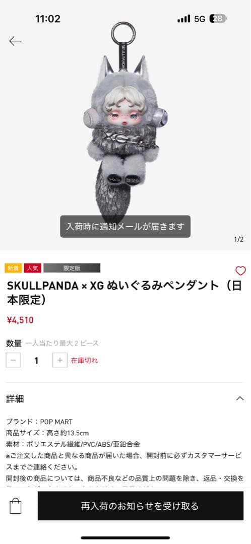 SKULLPANDA x XG ぬいぐるみペンダント 日本限定 SKULLPANDA × XG ぬいぐるみペンダント（日本限定） - POP MART (Japan)