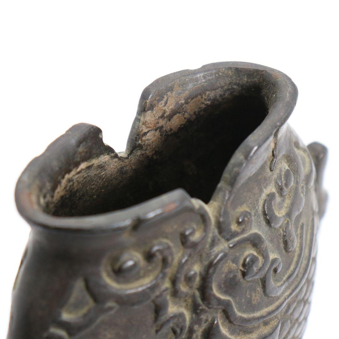 中国 古銅製 双魚花入 花器 花生 魚文 銅器 N64