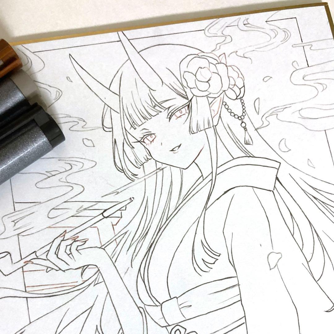 m*n様 手描きイラスト.オリジナル.鬼姫.和服.小色紙 - メルカリ