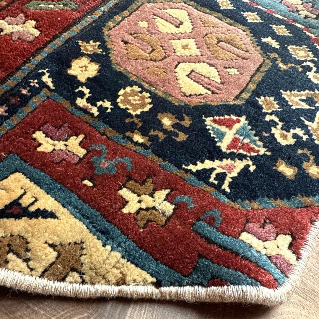 六角形ラグ約40.5×46 ウール100 ネイビーレッド トルコヴィンテージ