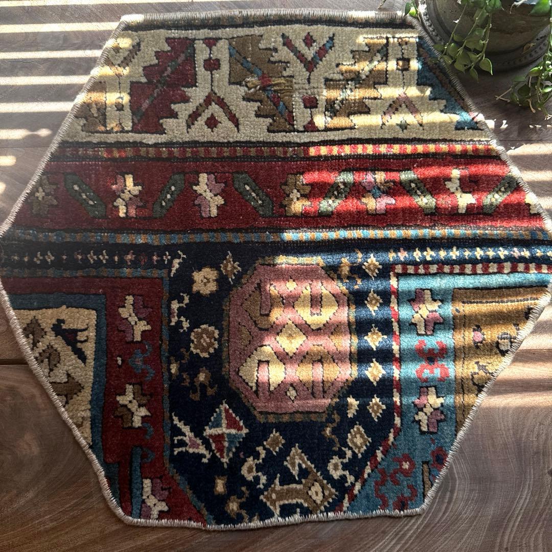 六角形ラグ約40.5×46 ウール100 ネイビーレッド トルコヴィンテージ