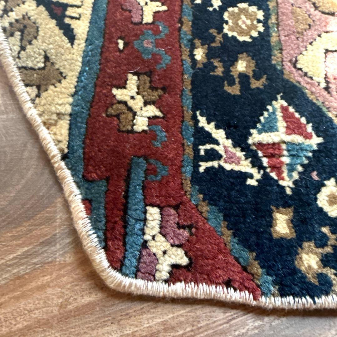 六角形ラグ約40.5×46 ウール100 ネイビーレッド トルコヴィンテージ