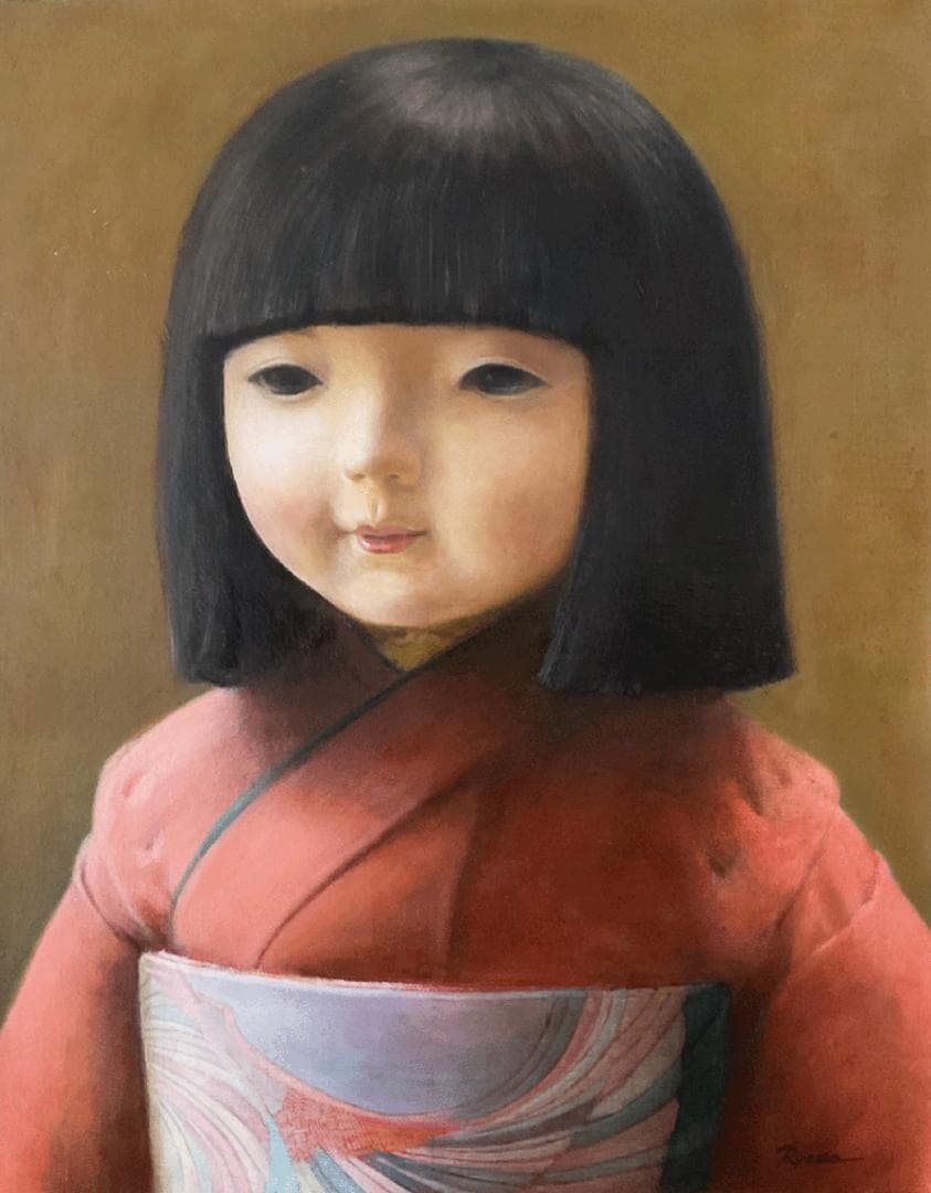 ❤️新作 油絵 菅家令子絵 絵画インテリアF6-010626 市松日本人形