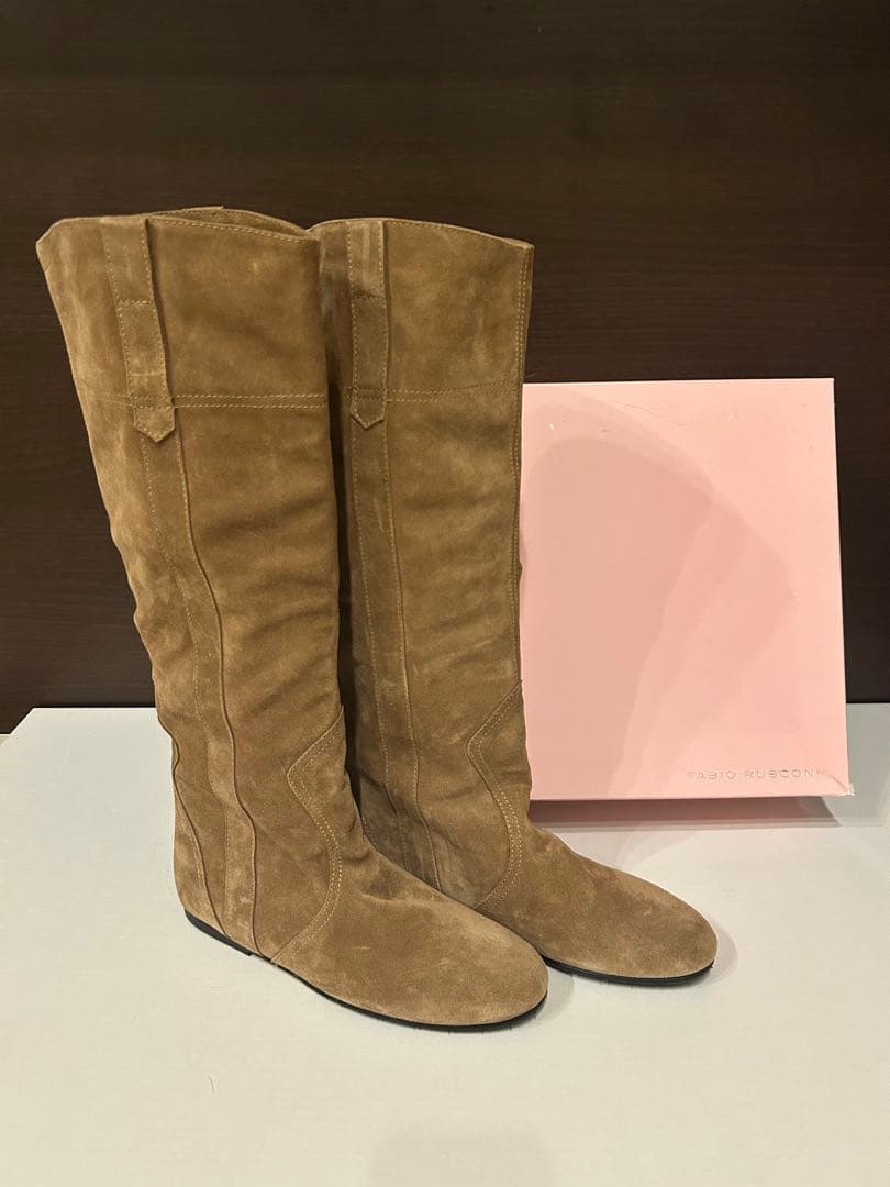 新品 ファビオルスコーニ 38 FABIO RUSCONI キャメルロングブーツ ○ファビオルスコーニ FABIO RUSCONI スクエアトゥロングブーツ