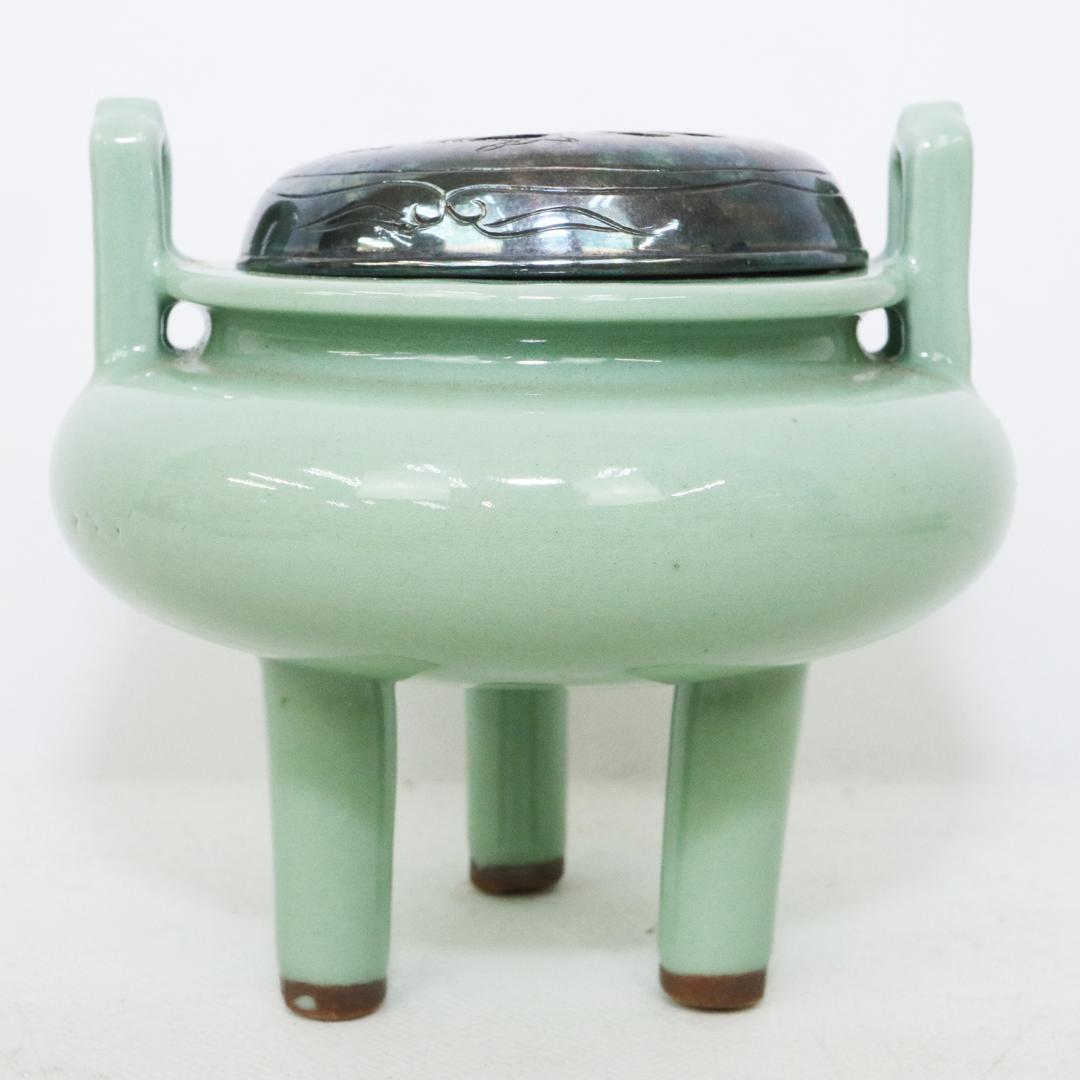 初代 諏訪蘇山 作 青磁 立耳 香炉 共箱 共布 鳳凰透火舎 帝室技芸員