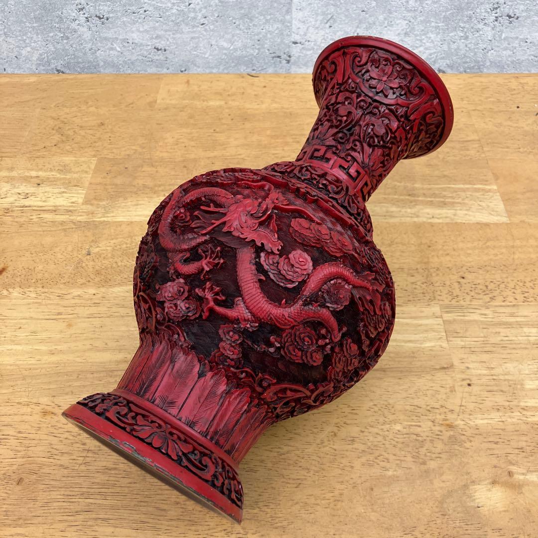 中国美術工芸品 骨董品 堆朱 龍 竜 花 彫刻 赤壺 壺 飾り壺 花器 花瓶