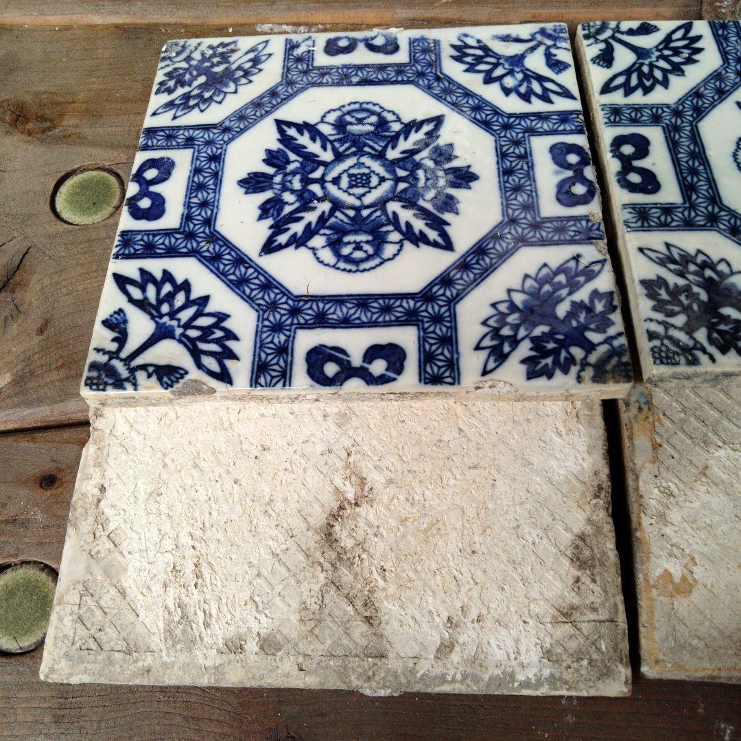 大正昭和時代 青白花柄アンティークタイル 4枚セット - その他