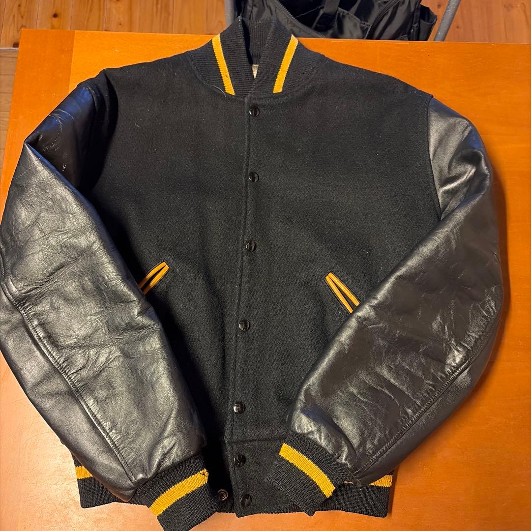 キャッチボール レザー スタジャン ブラック/イエロー CATCH BALL(キャッチボール) 80's USA made Stadium Jacket スタジアム