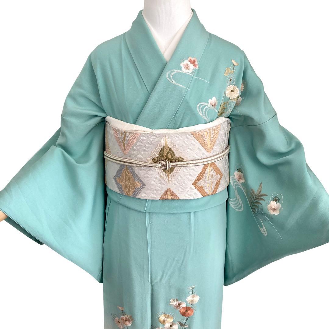 ☆淡い水浅葱色 身丈157 刺繍 訪問着 着物 NO44