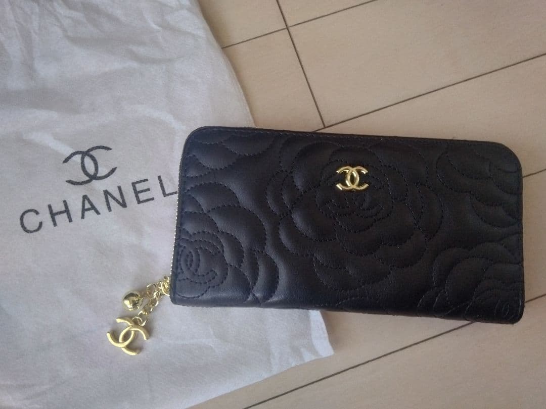 CHANEL シャネル ノベルティ カメリア柄 ファスナー 長財布 ブラック