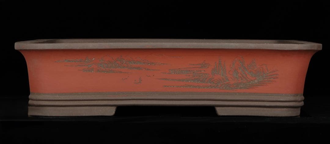 中国古盆器】中国宜興 紫砂 朱泥外縁長方盆栽鉢 釘彫