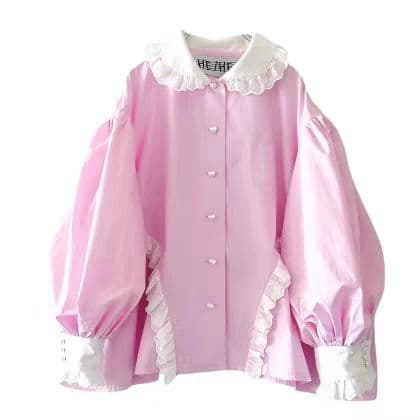 新品 heihei ピンク シャツ パフスリーブブラウス　ヘイヘイ 楽天市場】ノーカラー トップス パフスリーブ ブラウス パフ袖 Vネック