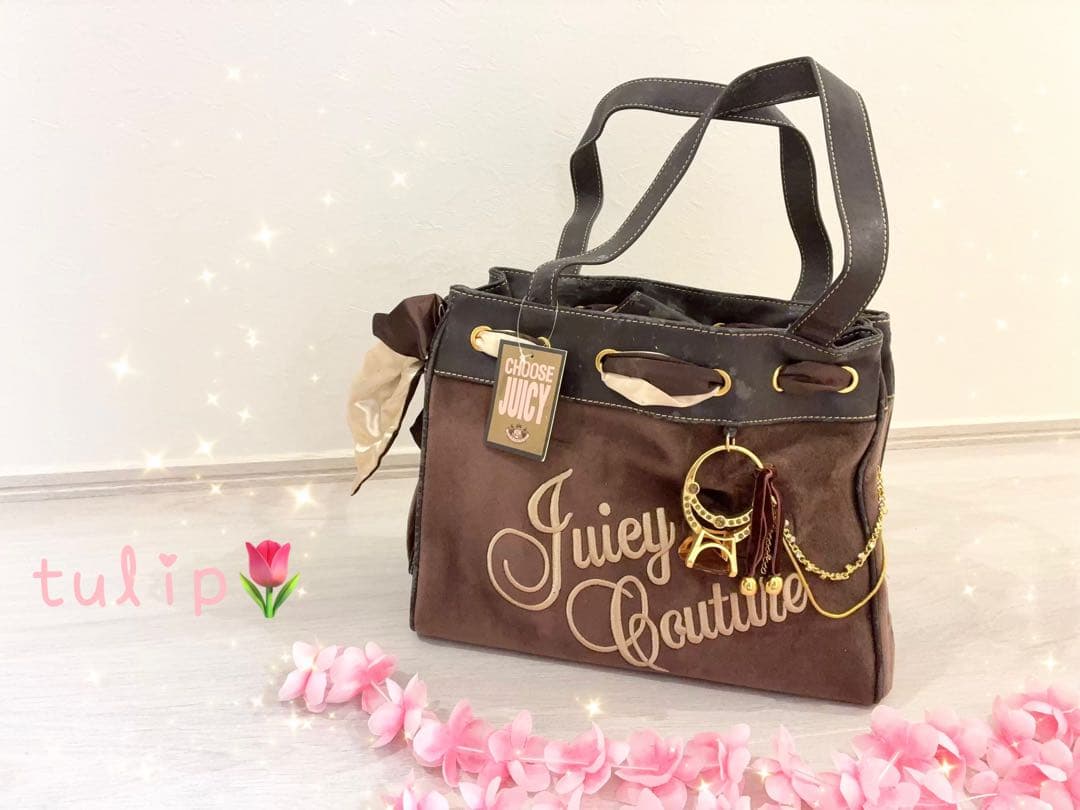 ジューシークチュール リボン リング チャーム付き バッグ ブラウン