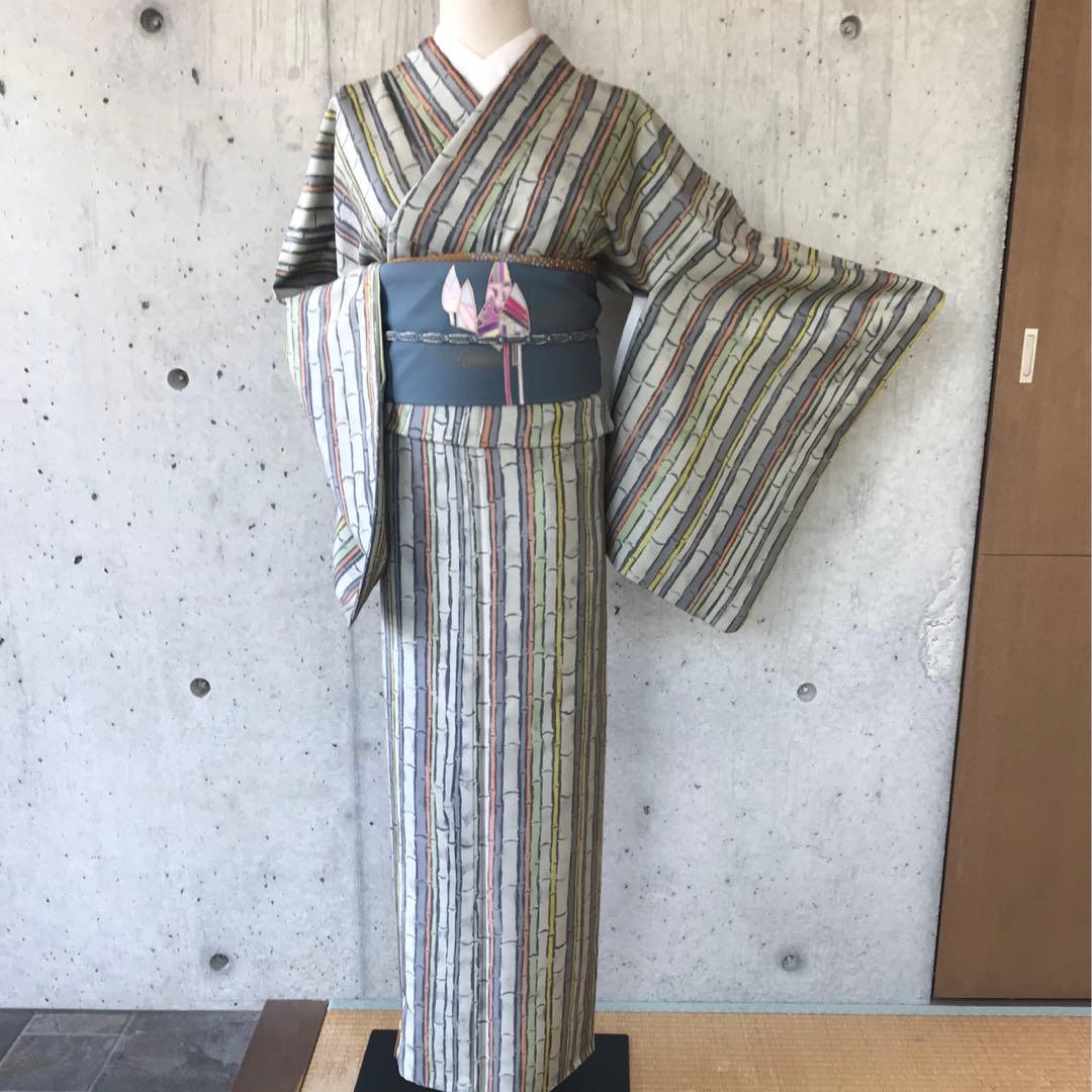 竹柄】本場大島紬 デザイン柄 染 袷 落款 パールトーン加工