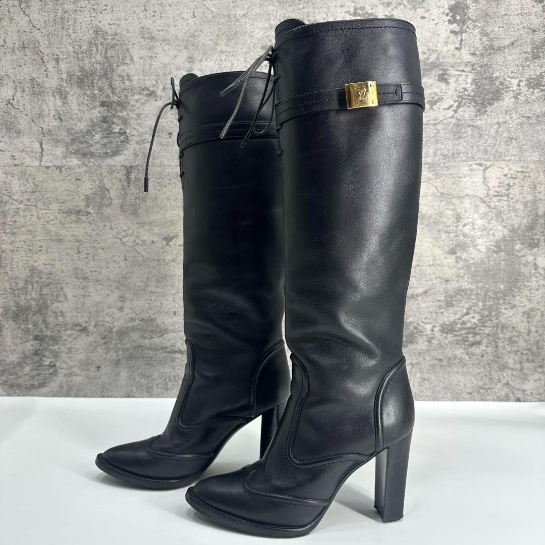 美品★ルイヴィトン ロングブーツ レザー　LVゴールド金具 ロゴ 22.5cm