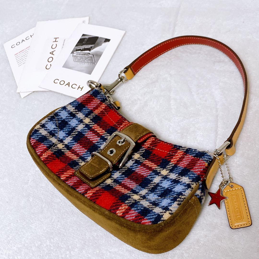 美品 COACH アクセサリーポーチ ウール スエード チェック柄 ソーホー