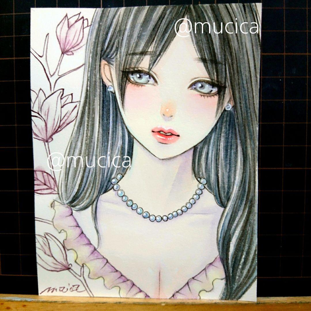 ポストカード プリントオリジナルイラスト《 木蓮 》水彩画 女の子 美人画