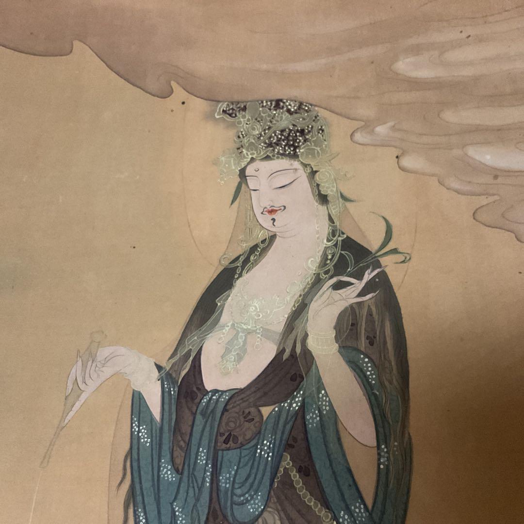 狩野芳崖 絹本彩色画 【 悲母観音図 】 未鑑定品。肉筆画 模写。落款