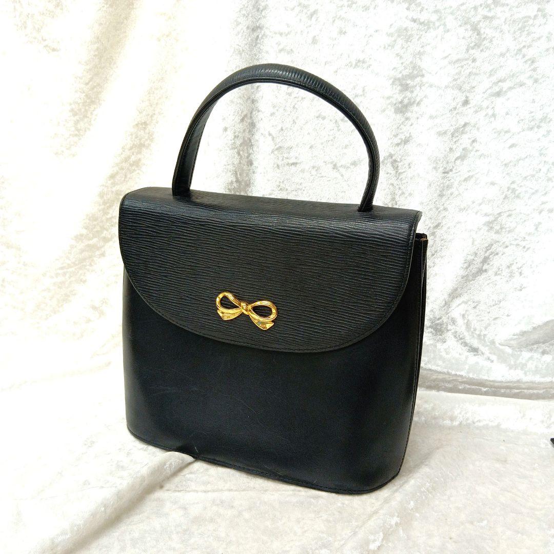 ハナエモリ ハンドバッグ レザー リボン 金金具 黒 フォーマル - メルカリ