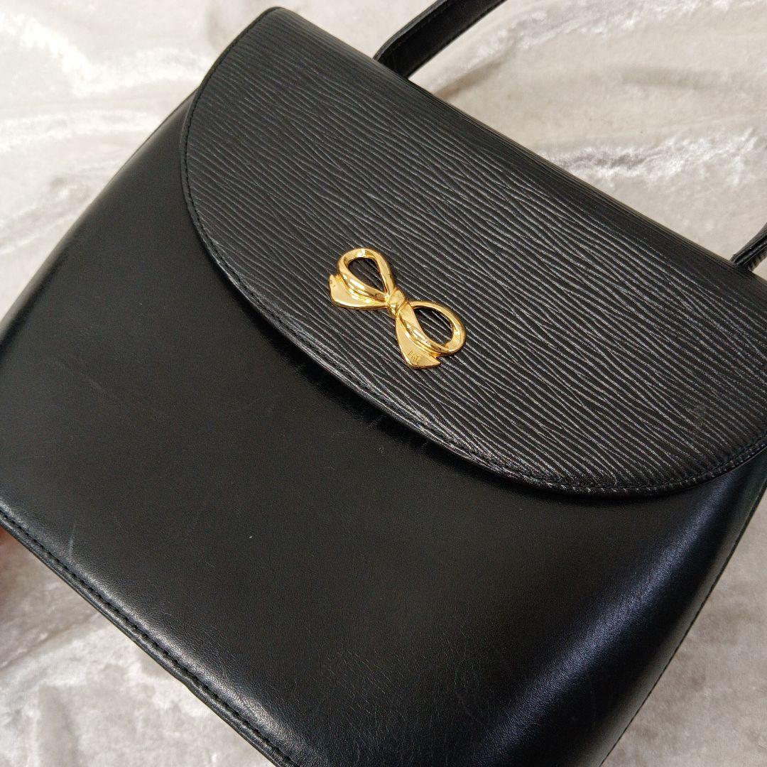 ハナエモリ ハンドバッグ レザー リボン 金金具 黒 フォーマル - メルカリ