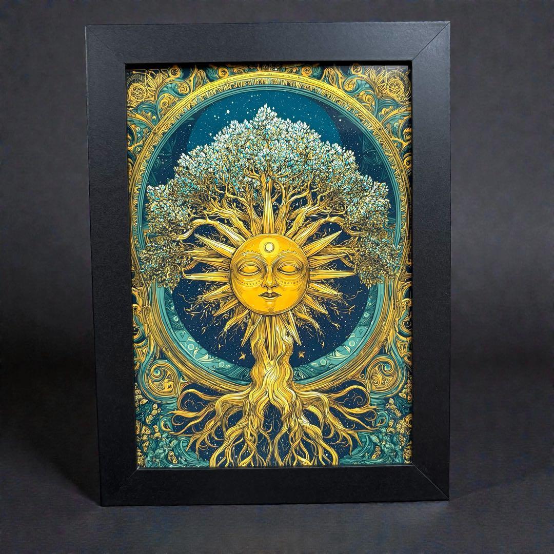 太陽 生命の木 アート 2L判 額縁付 金運 開運 スピリチュアル 黄金