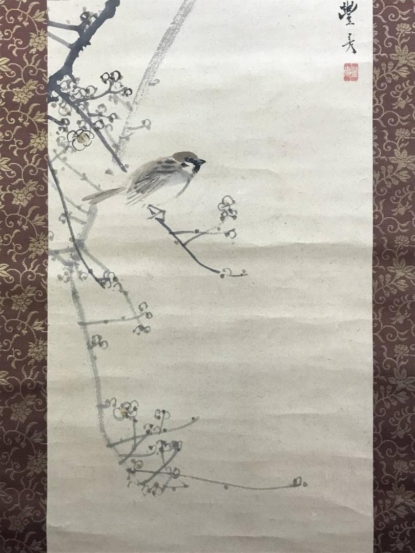 真作】岡本豊彦/蝋梅に雀図/梅に小鳥図/花鳥図/掛軸/名家