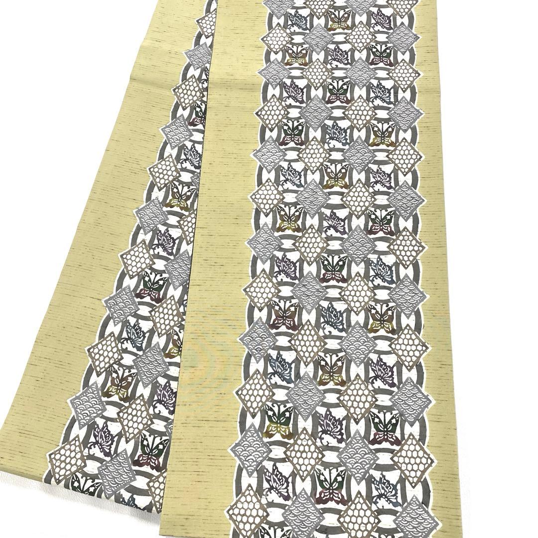 帯6577 ○高級 正絹 ぜんまい紬 紅型 片面全通 リバーシブル 袋帯