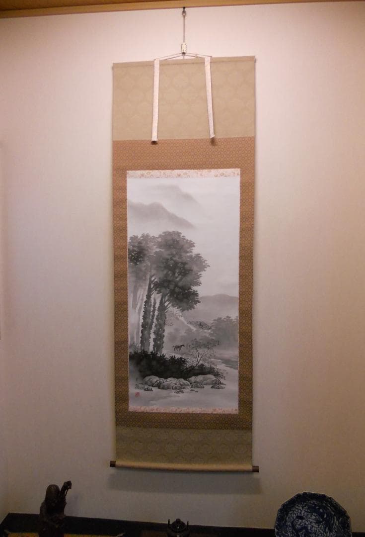 掛け軸 朝湖 渓畔晩涼 水墨画 絹本 希少 軸装 茶道具 掛軸 美品