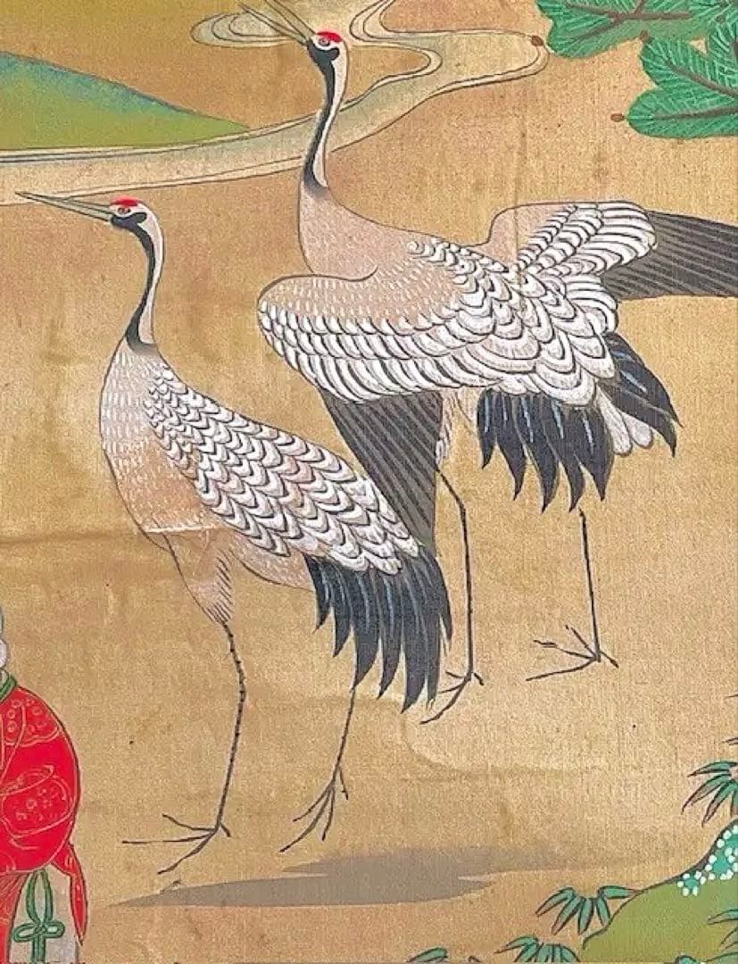 円山応挙（圓山應擧）真筆 絹本着色 「瑞春童子遊鶴図」掛軸 極箱 証明