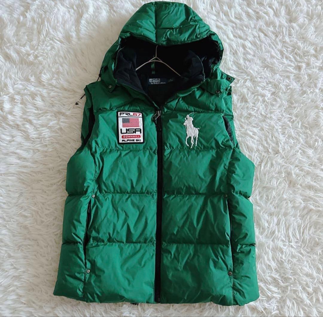ポロバイラルフローレン フード付きダウンベスト ビッグポニー メンズM 星条旗 ポロラルフローレン ダウンベスト ビッグポニー刺繍 星条旗 メンズS