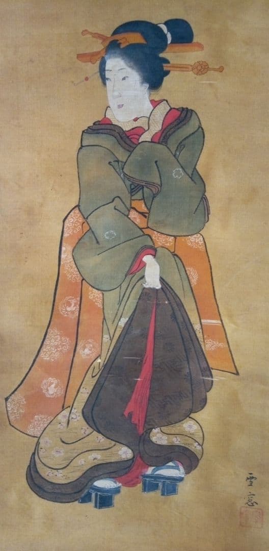 掛け軸、浮世絵美人画絹本、小磯崎雪窓画(浮世絵名歌川芳秀）