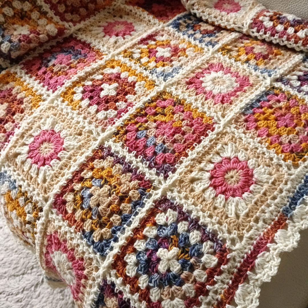 手編みブランケット☆ウール☆オパール毛糸☆フラワーモチーフ