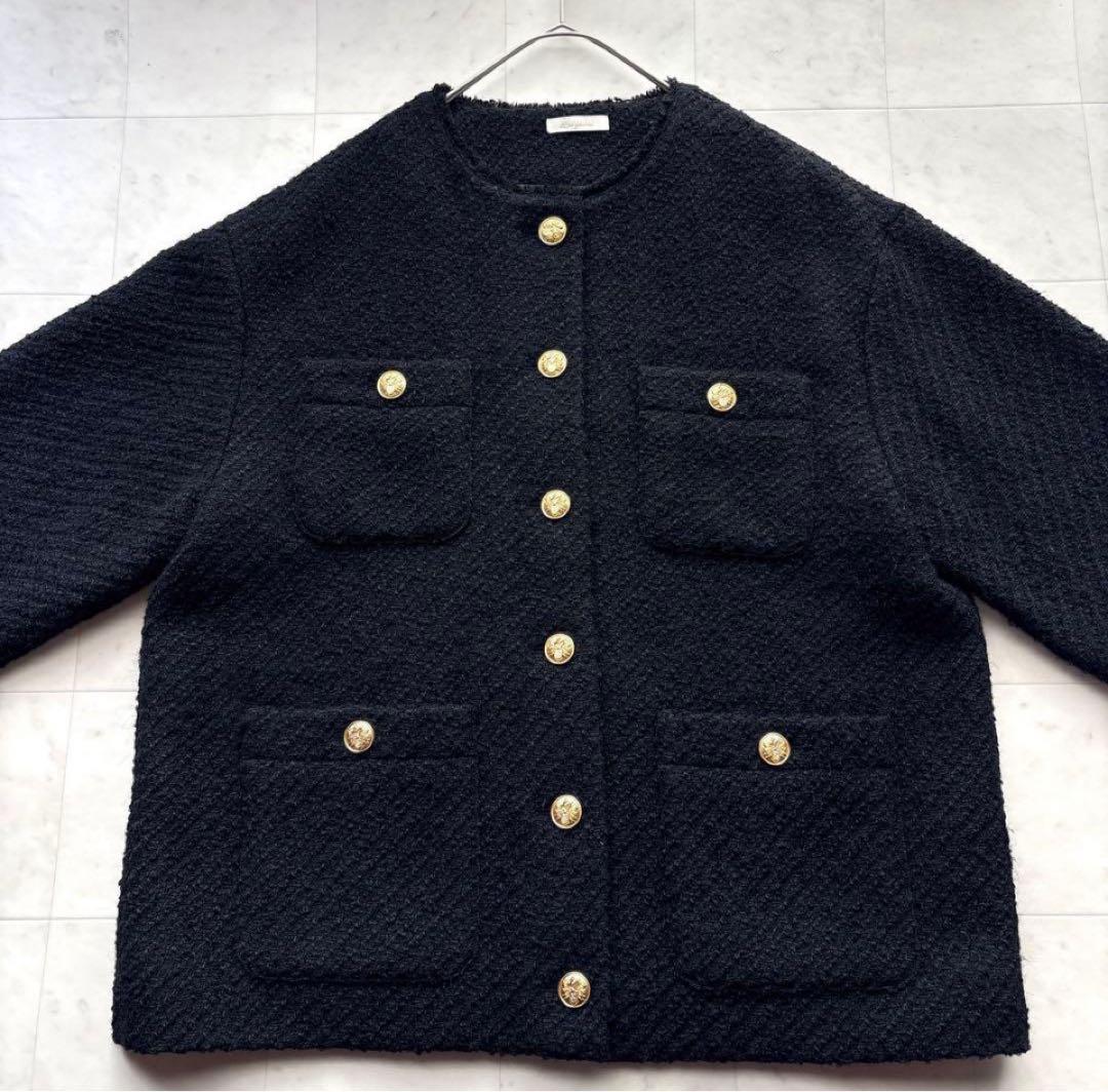 ラウンジドレス 金ボタン ノーカラー ツイードジャケット 黒 ブラック