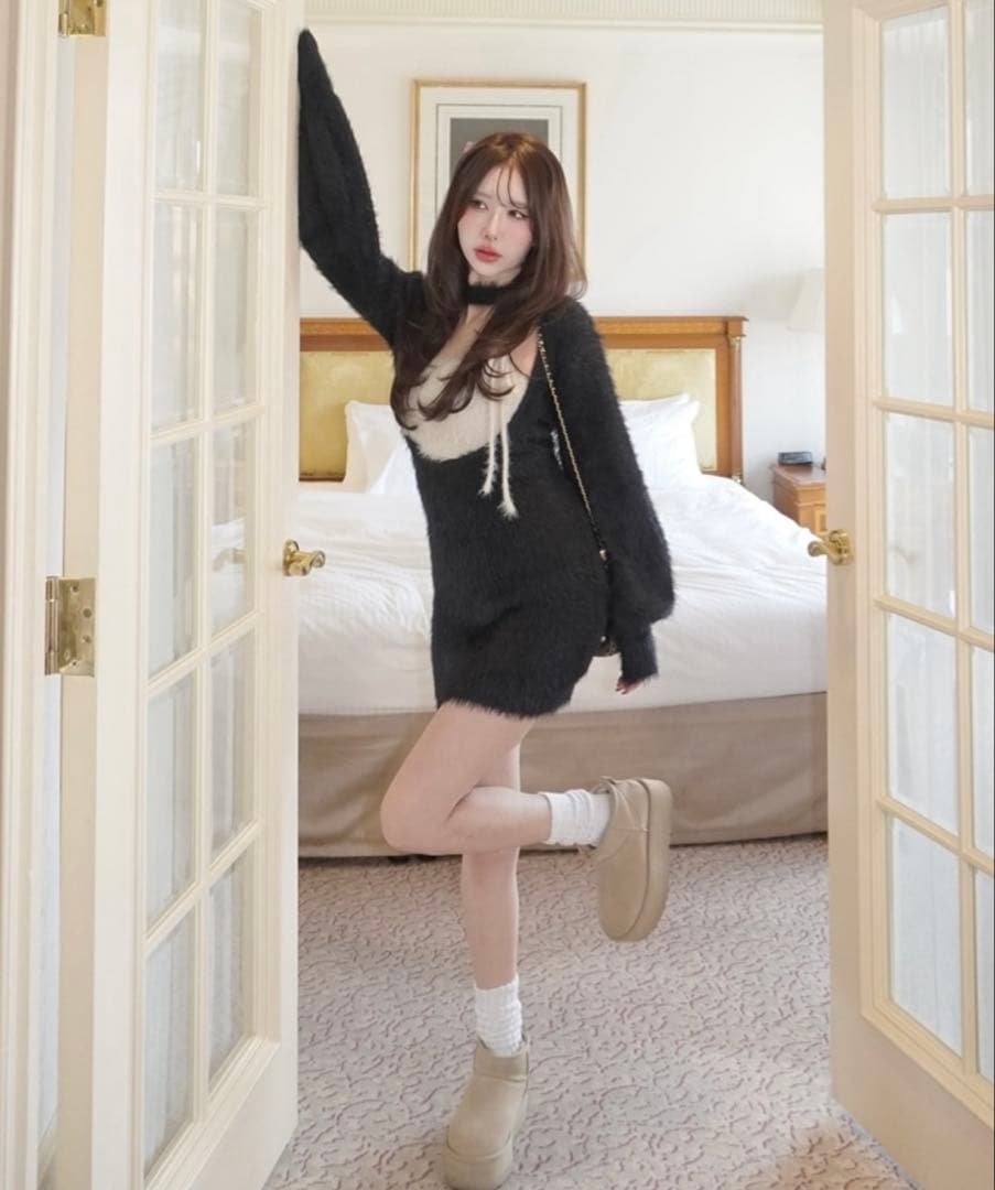 amerge onepiece × ribbon cami set feather front cut onepiece×cable ribbon cami set(M PINK BEIGE