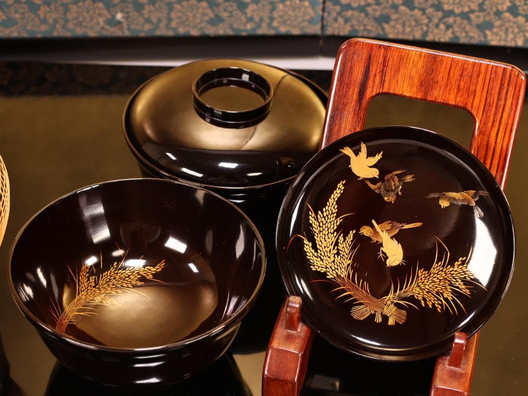 BK408 時代輪島塗 稲穂雀図金蒔絵 吸物椀 二客 木製 茶道具 懐石 会席