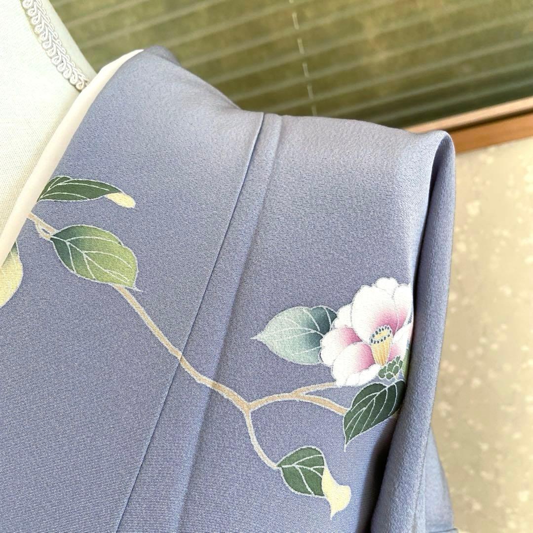 紫味のブルーグレー 友禅 花模様 訪問着（袷）フルセット トールサイズ
