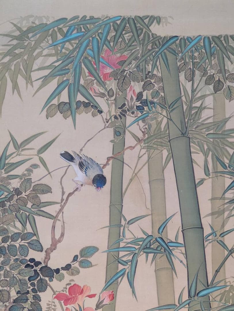 真作】掛軸 谷川紫鳳 竹花鳥図 花と小鳥の彩色画 日本画 合箱入 U64