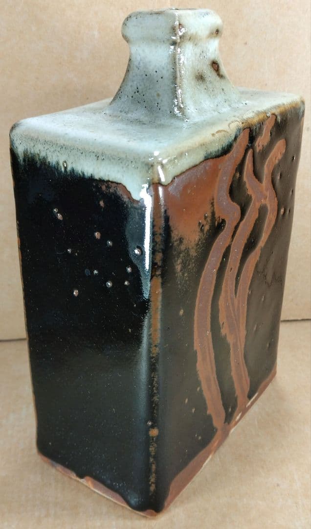 本物保証】濱田庄司(浜田庄司) 掛分指描扁壷 共箱 人間国宝 益子焼 美