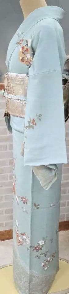 しつけ糸付き未使用水色訪問着4点フルセット、着物、袋帯、帯締め