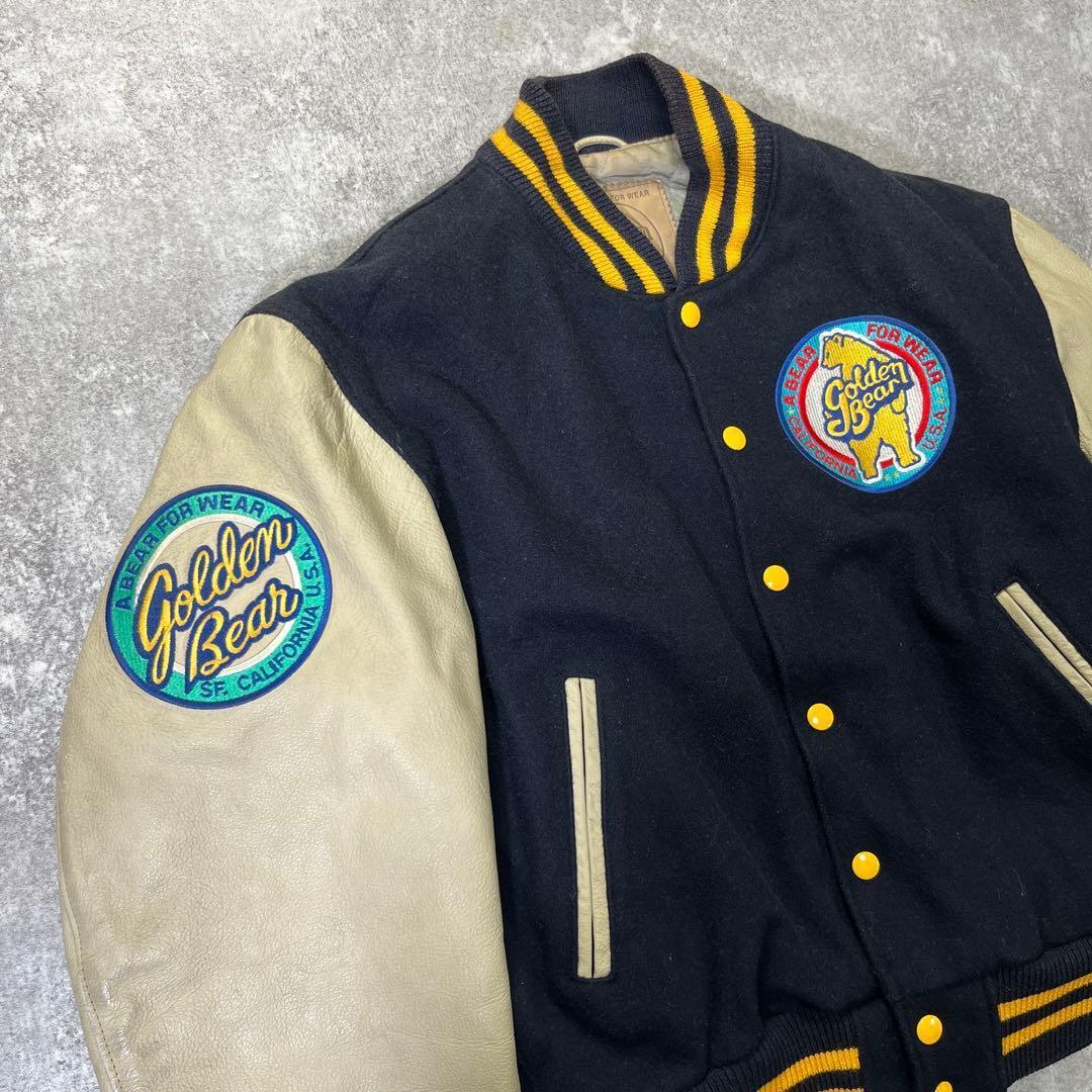 90s USA製 GOLDEN BEAR スタジャン M 刺繍 袖レザー 紺 - メルカリ