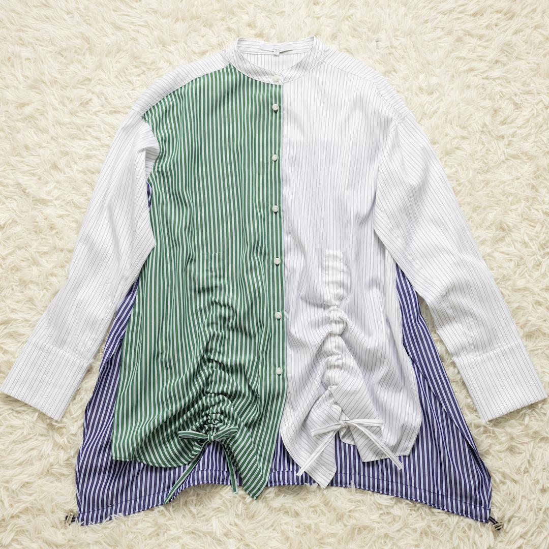 UN3D. ヘムギャザーシャツ ストライプ