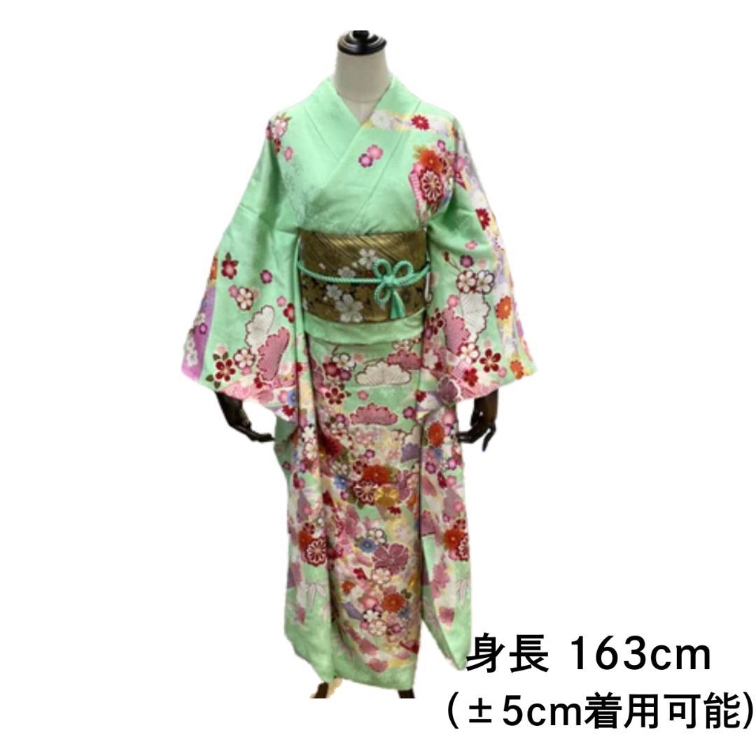 お得品】 振袖セット 成人式 正絹 古典柄 振袖 緑 S*65 ○
