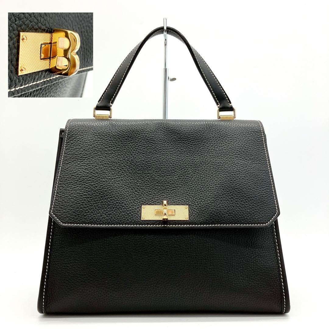 美品　BALLY ハンドバッグ　Bターンロック　ブラック　シュリンクレザー 美品 BALLY ハンドバッグ Bターンロック ブラック シュリンクレザー