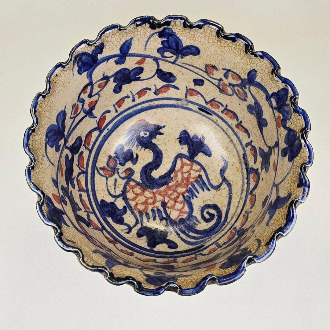 骨董品 中国古磁 青花染付 釉里紅 手絵 鳳紋 海碗